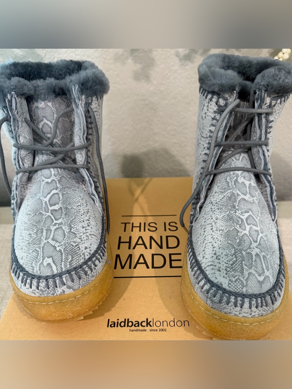 Laidback London Women's Gray Snake-Print Faux-Fur Ankle Boots